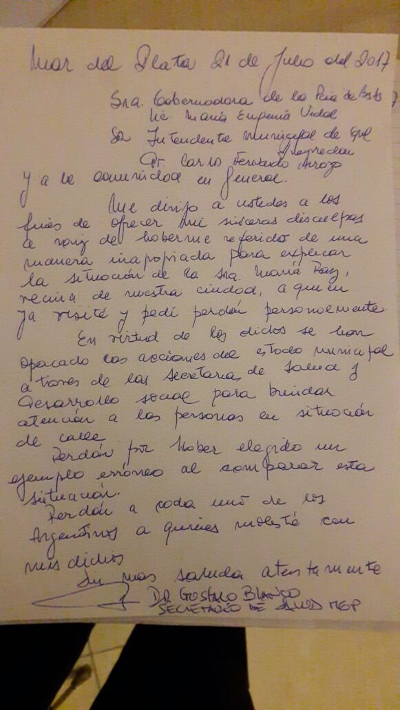 Carta del ministro de salud de Mar del Plata, Gustavo Blanco